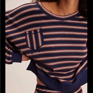 Free People Oversized Striped Navy and Brown Women's Sweatshirt